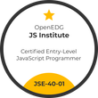 A circular badge that says 'OpenEDG JS Institute Certified Entry-Level Javascript Programmer'